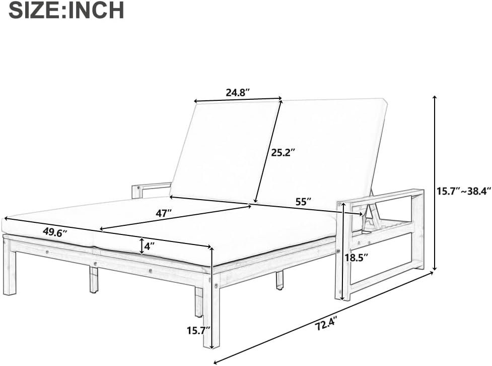Light Teak Wood Adjustable Outdoor Daybed with Cushions