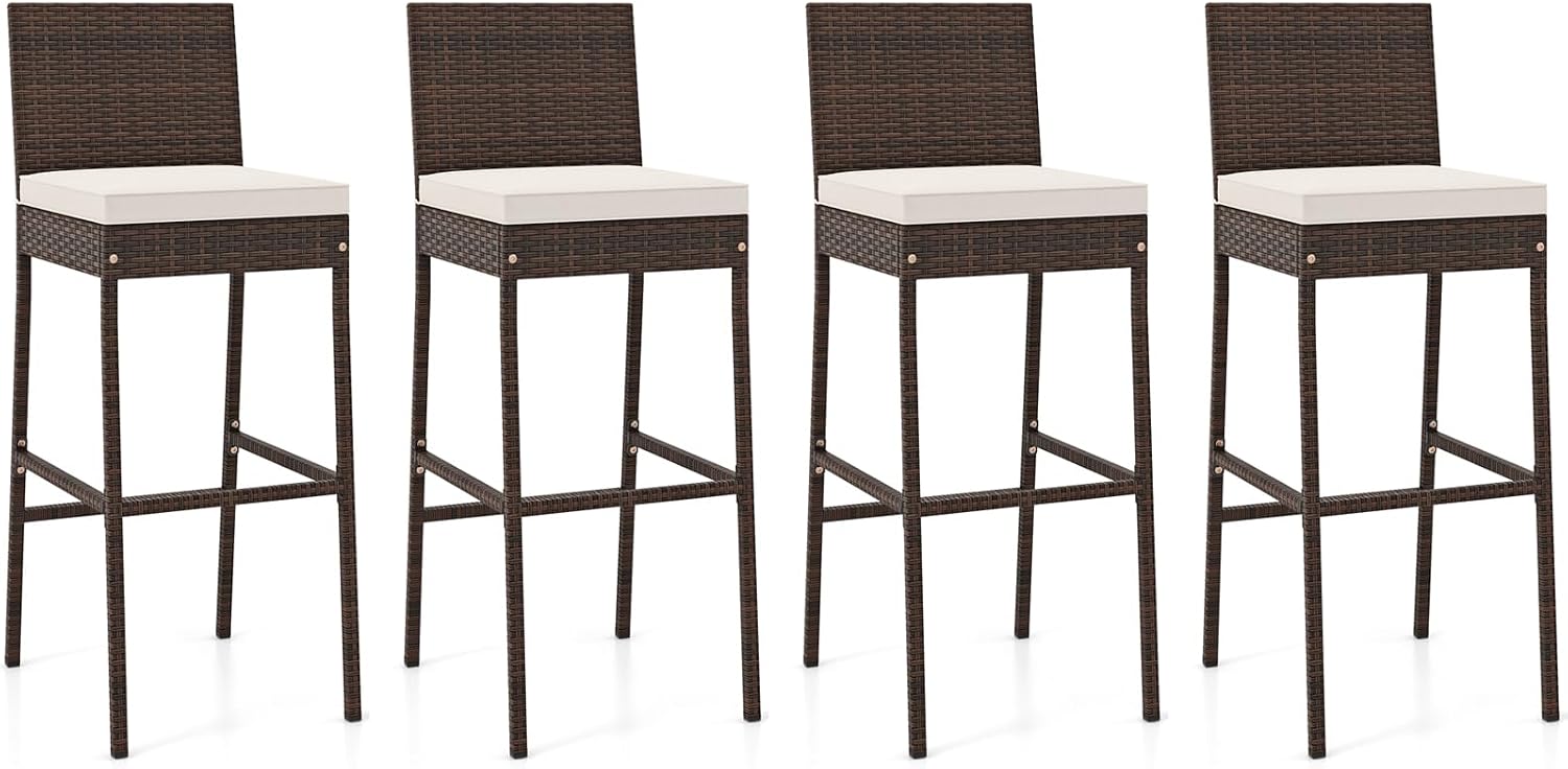 Set of 4 Wicker Outdoor Bar Stools with Cushions