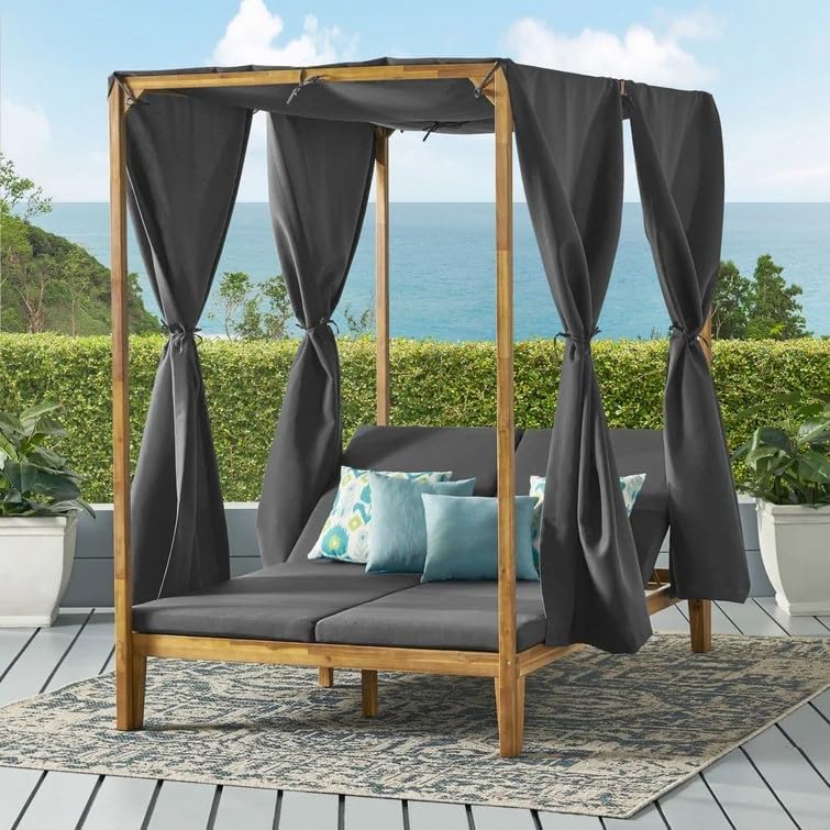 Teak Grey Acacia Wood Outdoor Daybed with Canopy