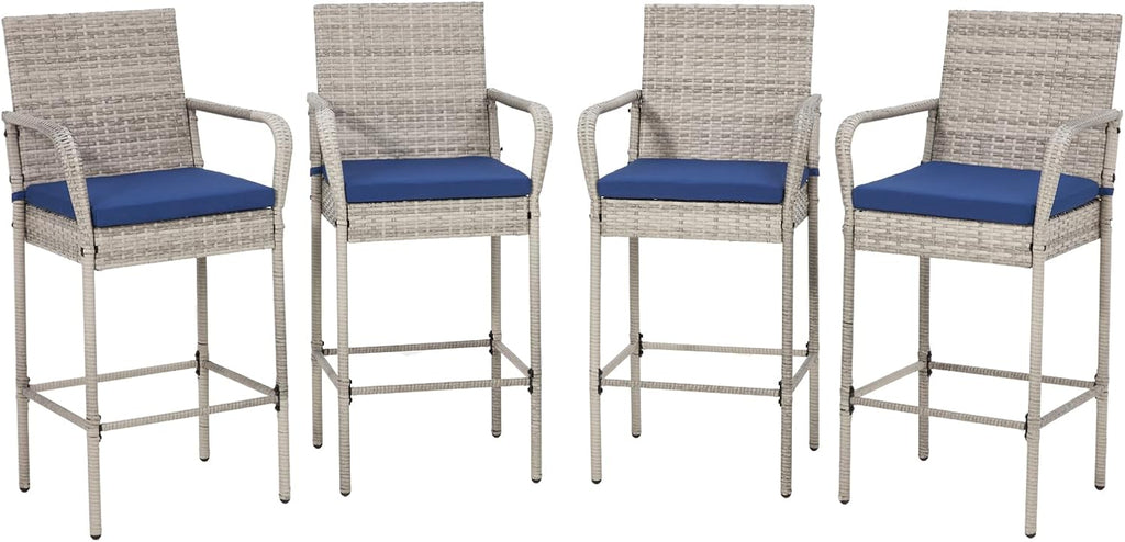 Grey Blue Wicker Outdoor Bar Stools with Armrest & Cushion