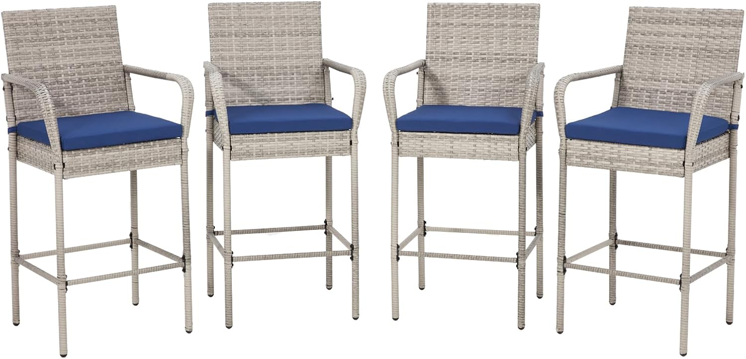 Grey Blue Wicker Outdoor Bar Stools with Armrest & Cushion