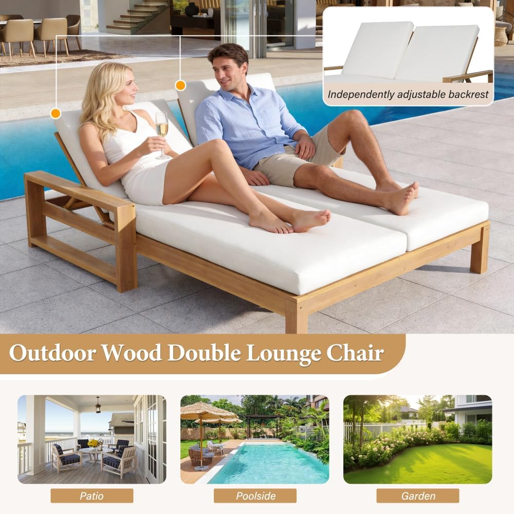 Light Teak Wood Adjustable Outdoor Daybed with Cushions