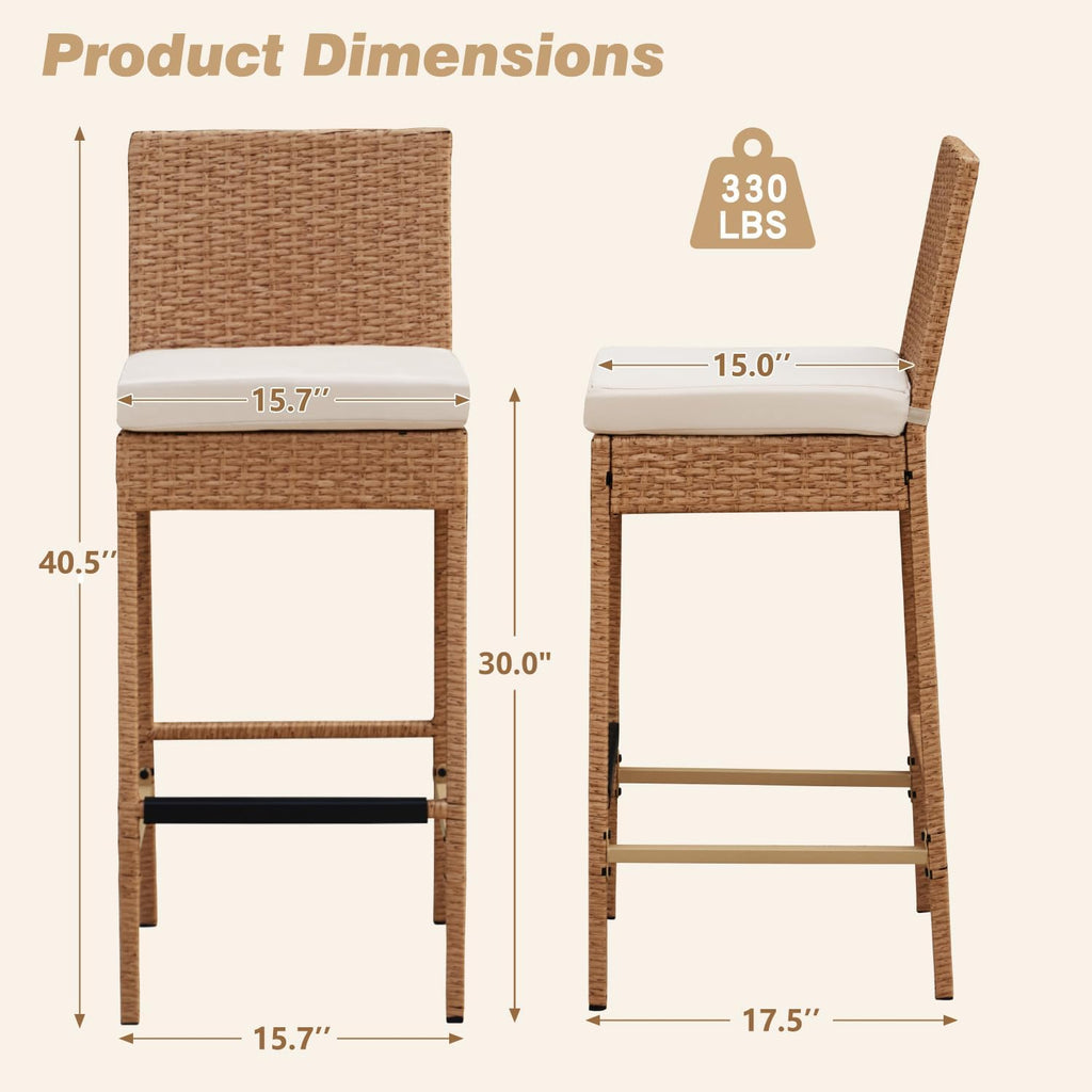 Set of 4 Yellow Wicker Outdoor Bar Stools with Cushion