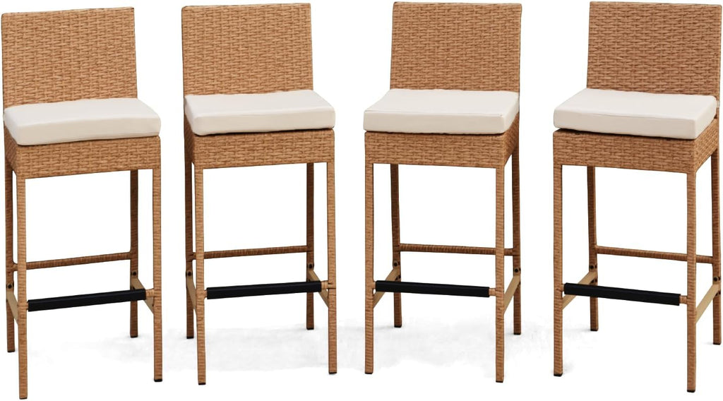 Set of 4 Yellow Wicker Outdoor Bar Stools with Cushion