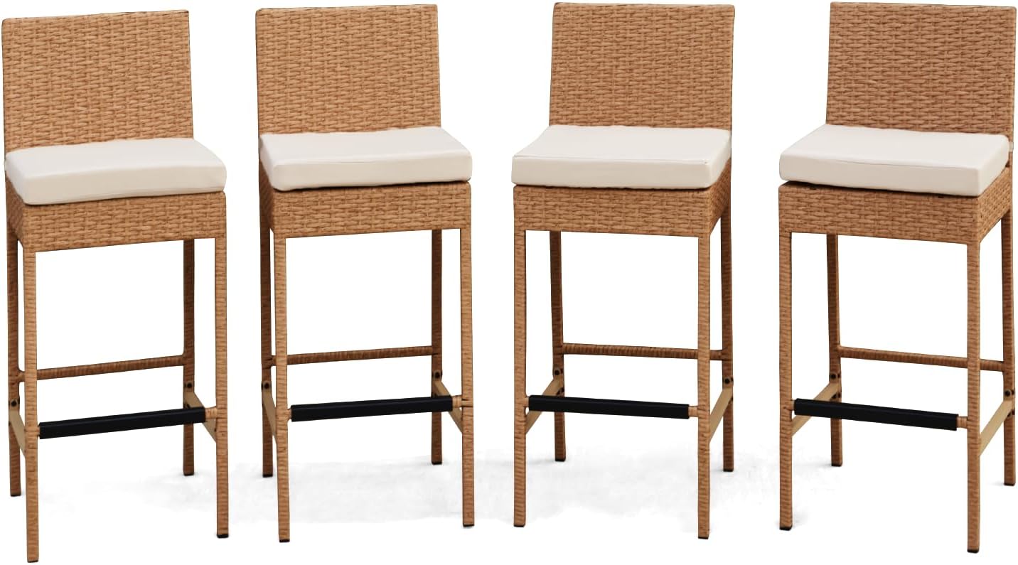 Set of 4 Yellow Wicker Outdoor Bar Stools with Cushion