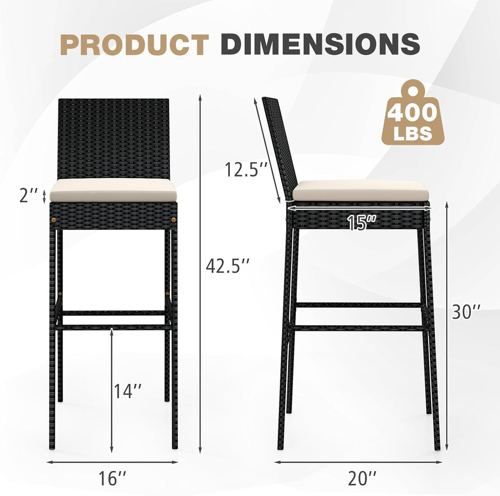 Set of 4 Black Wicker Outdoor Bar Stools with Cushions