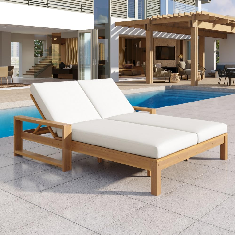 Light Teak Wood Adjustable Outdoor Daybed with Cushions