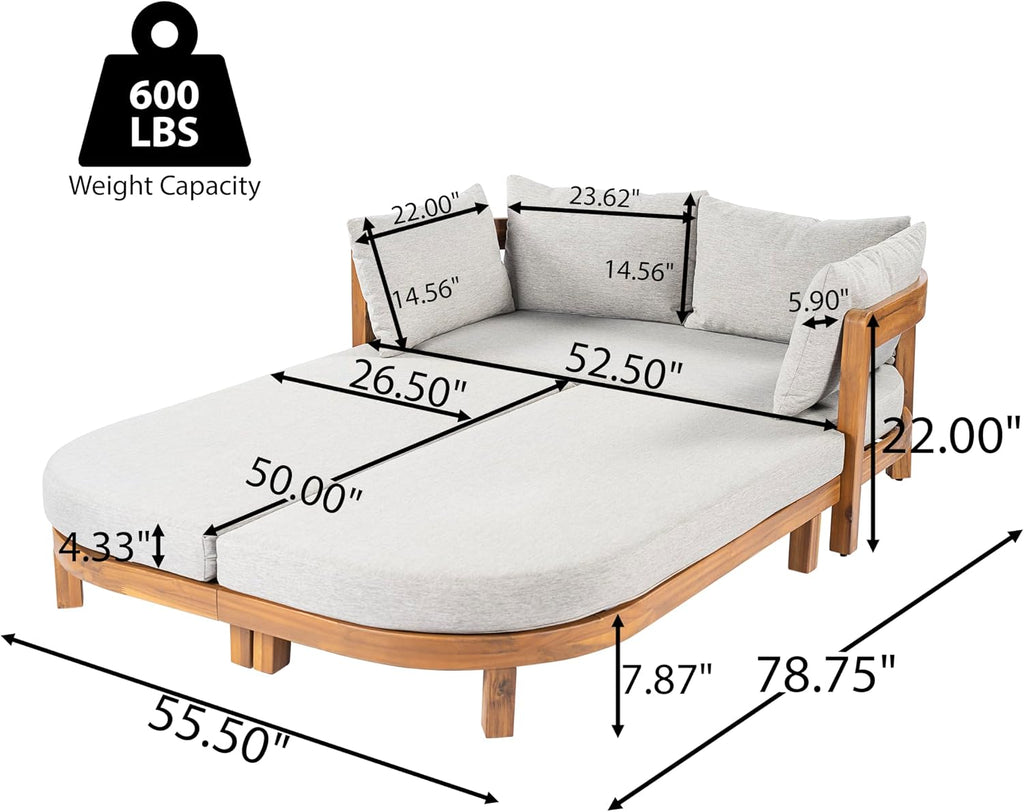 Teak Light Gray Acacia Wood Outdoor Daybed with Cushion