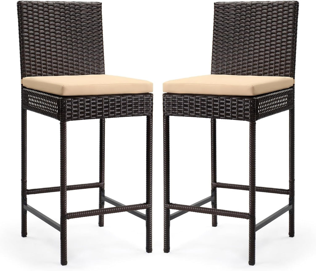 Set of 2 Brown Wicker Outdoor Bar Stools with Cushion