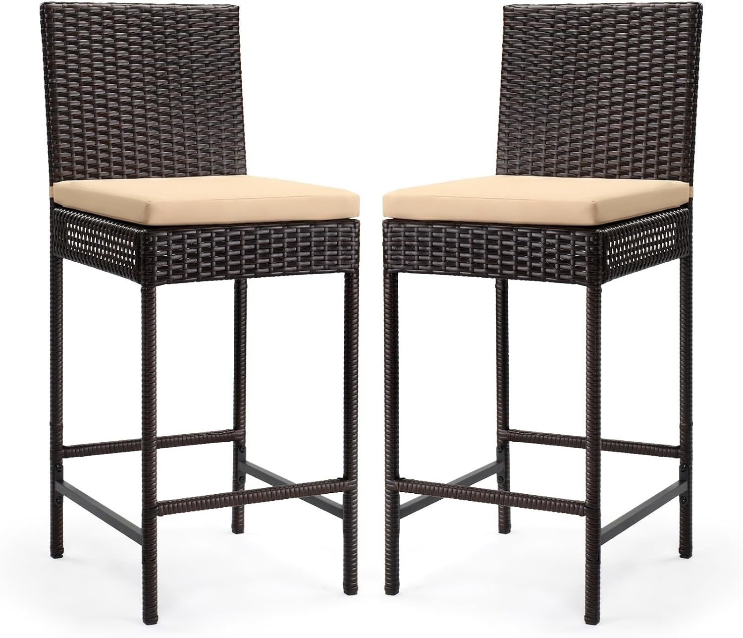 Set of 2 Brown Wicker Outdoor Bar Stools with Cushion