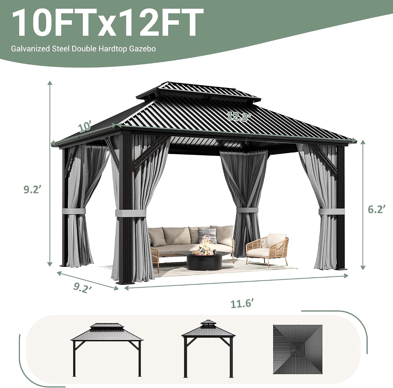 10'x12' Dark Gray Hardtop Aluminum Gazebo