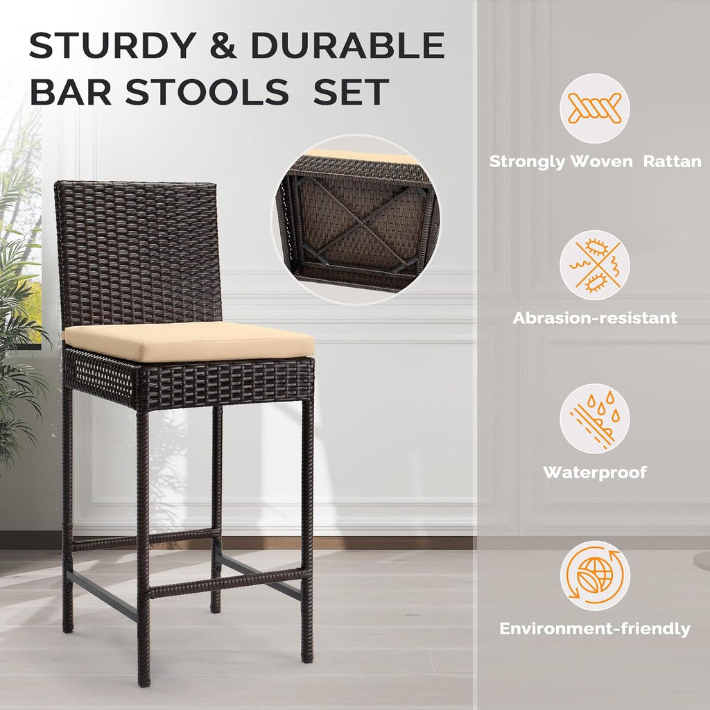 Set of 2 Brown Wicker Outdoor Bar Stools with Cushion