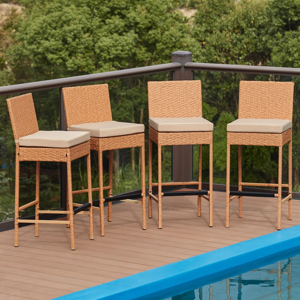 Set of 4 Yellow Wicker Outdoor Bar Stools with Cushion