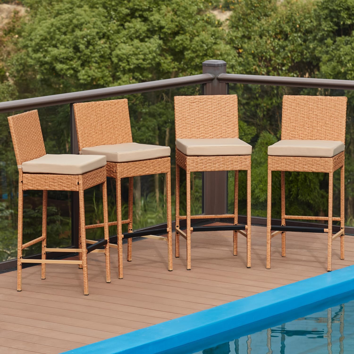 Set of 4 Yellow Wicker Outdoor Bar Stools with Cushion