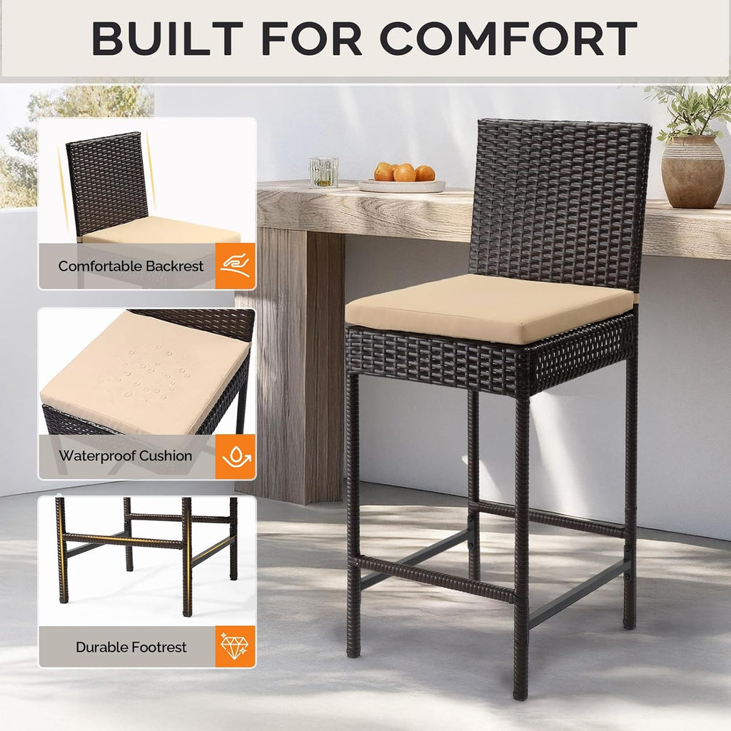 Set of 2 Brown Wicker Outdoor Bar Stools with Cushion