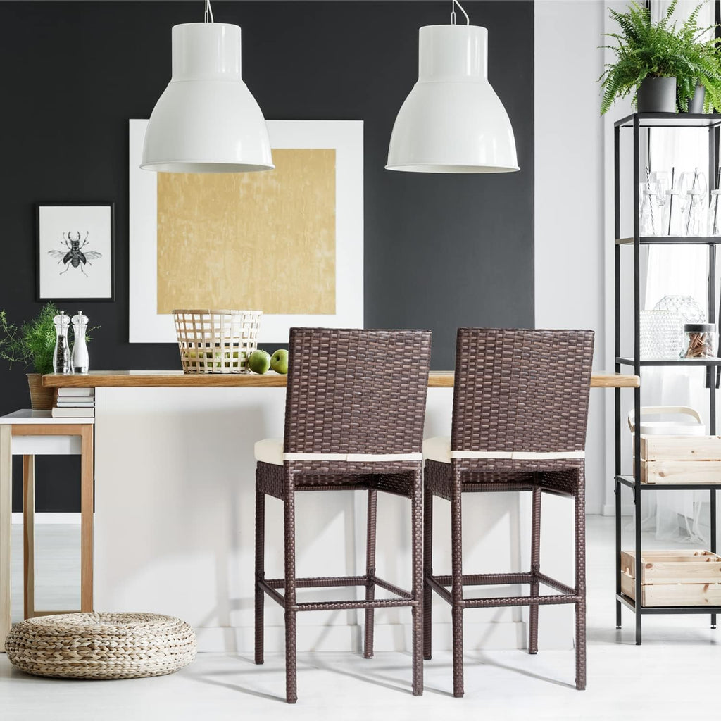 Set of 2 Beige Wicker Outdoor Bar Stools with Cushions