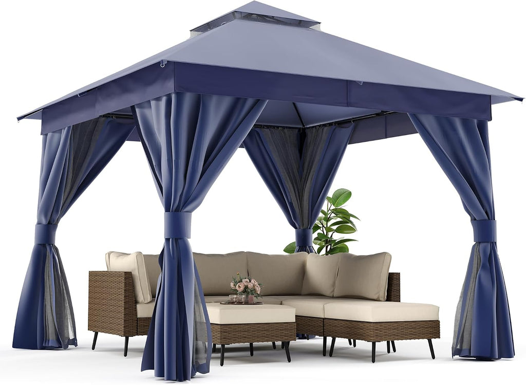 10'x10' Navy Blue Metal Outdoor Gazebo with Double Roof & Netting