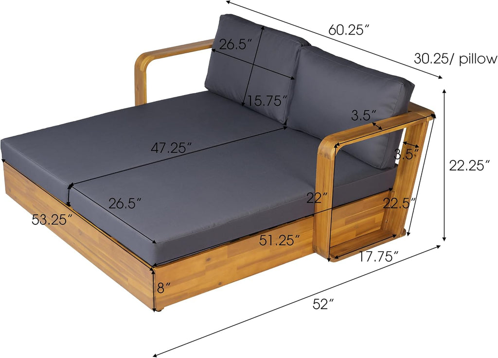 Teak Dark Gray Acacia Wood Outdoor Daybed with Cushion