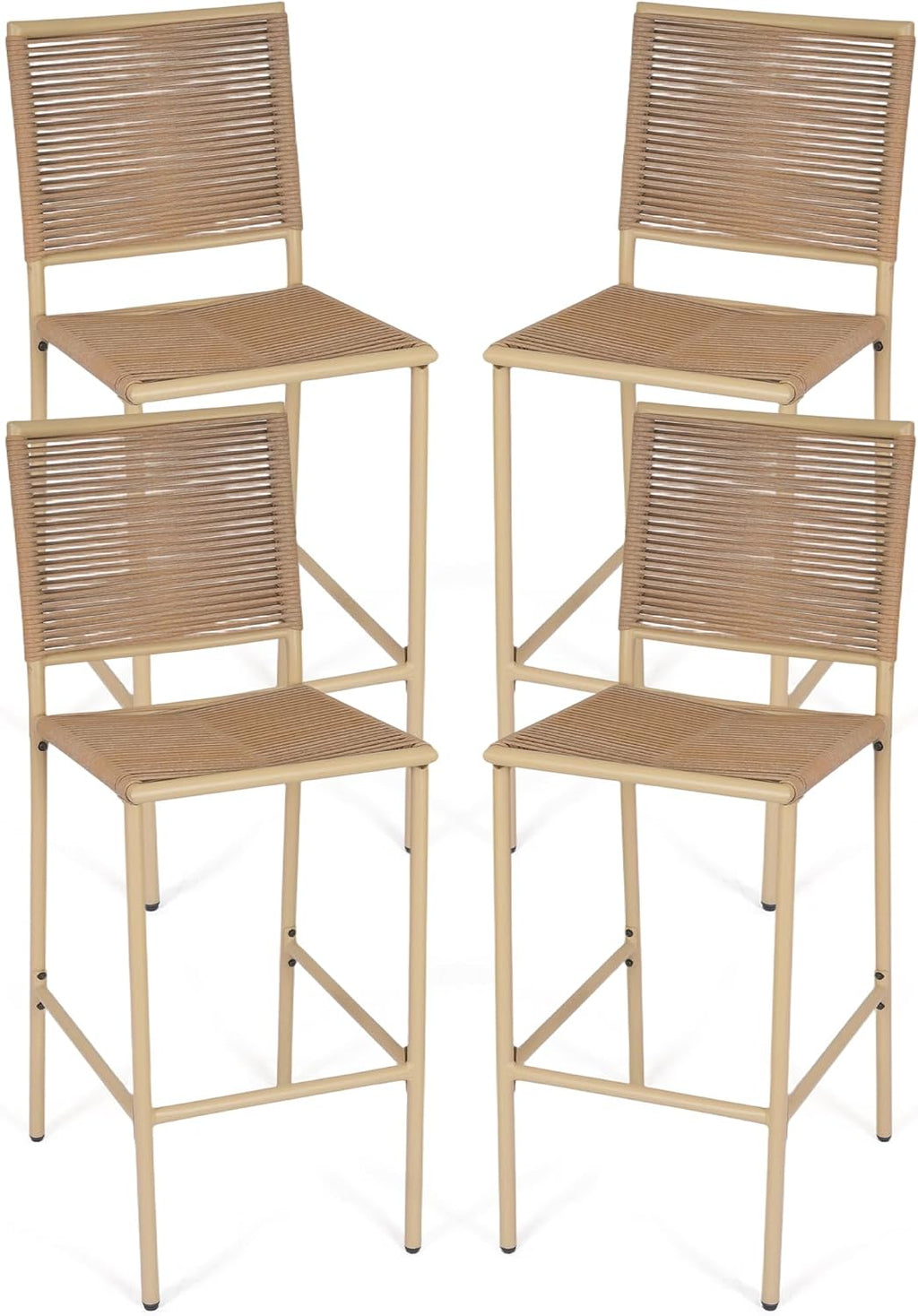 Set of 4 Yellow Wicker Outdoor Bar Stools with High Backrest