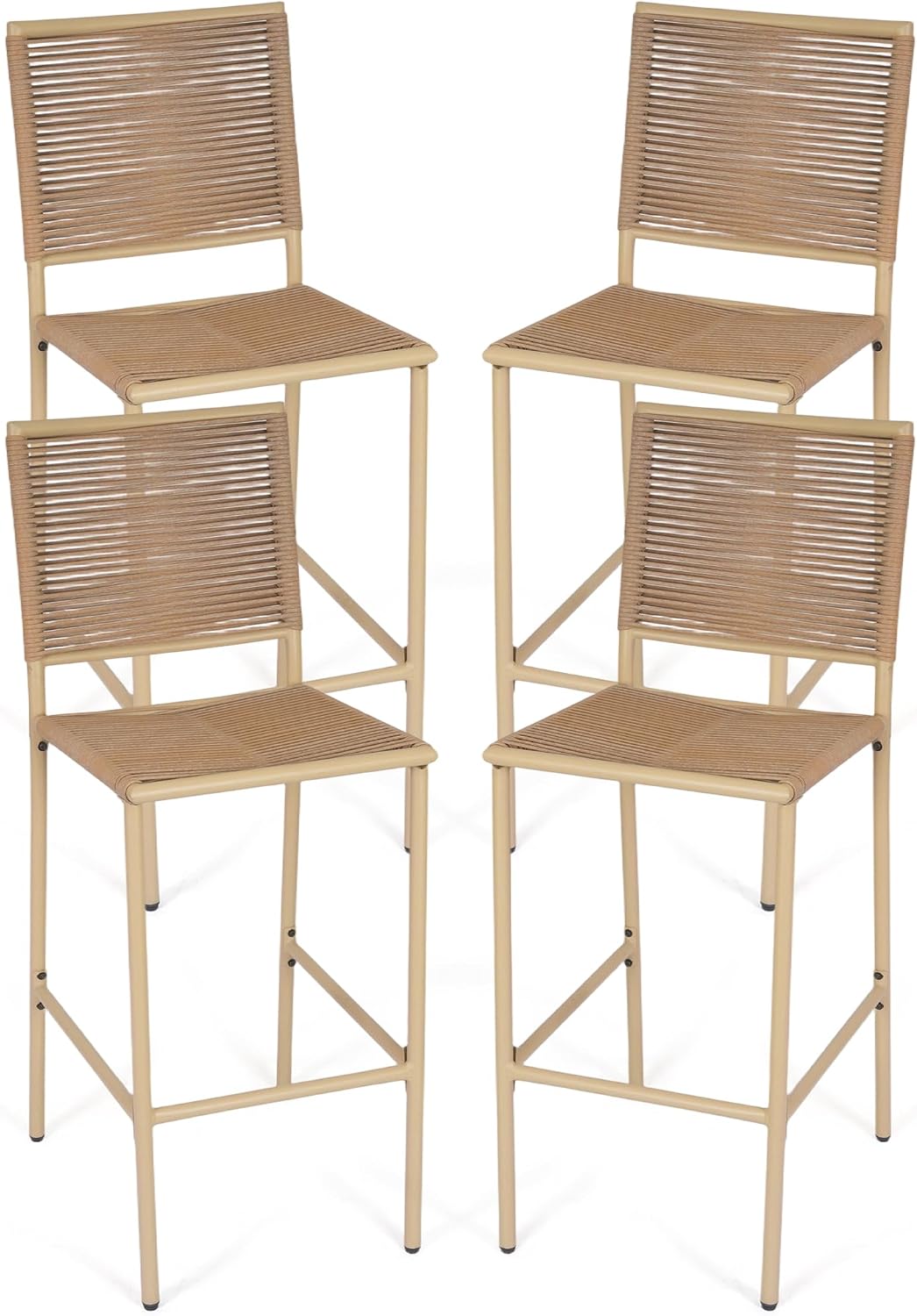 Set of 4 Yellow Wicker Outdoor Bar Stools with High Backrest
