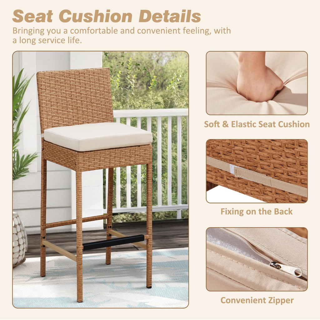 Set of 4 Yellow Wicker Outdoor Bar Stools with Cushion