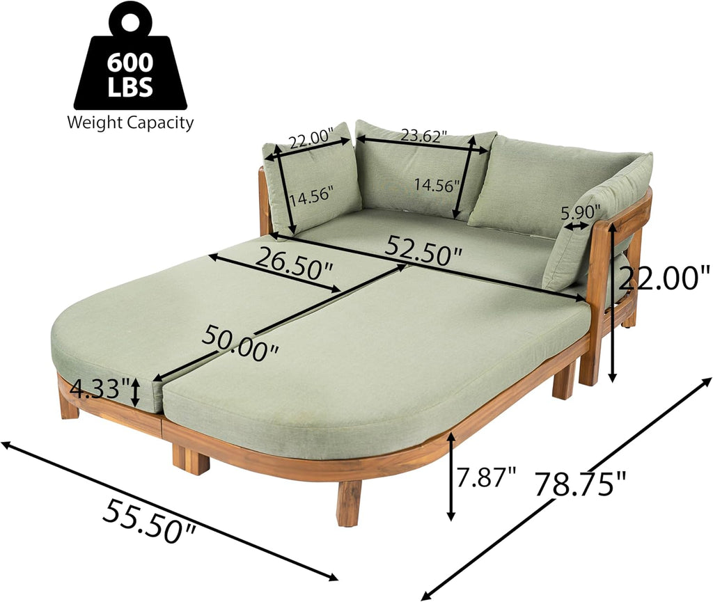 Teak Light Green Acacia Wood Outdoor Daybed with Cushion