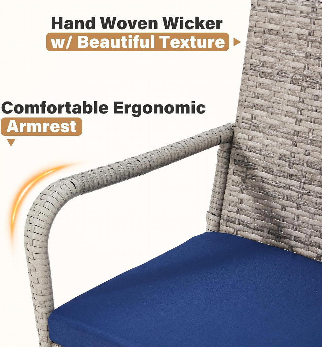 Grey Blue Wicker Outdoor Bar Stools with Armrest & Cushion