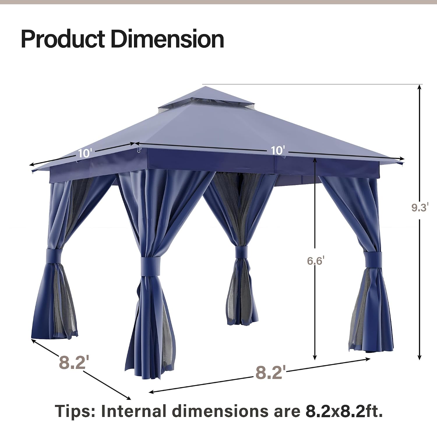 10'x10' Navy Blue Metal Outdoor Gazebo with Double Roof & Netting