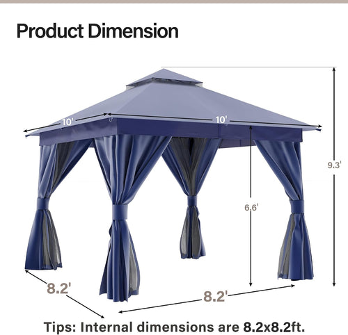 10'x10' Navy Blue Metal Outdoor Gazebo with Double Roof & Netting