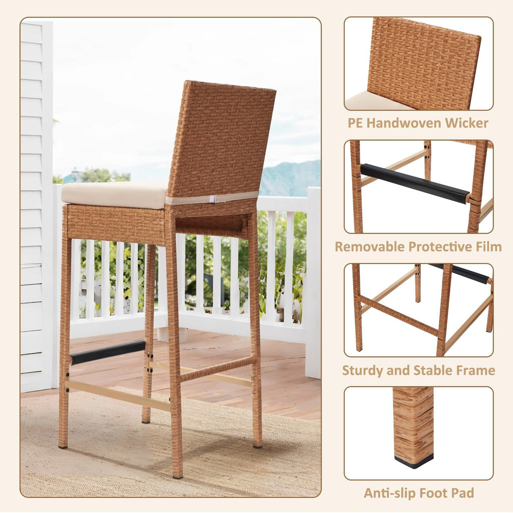 Set of 4 Yellow Wicker Outdoor Bar Stools with Cushion