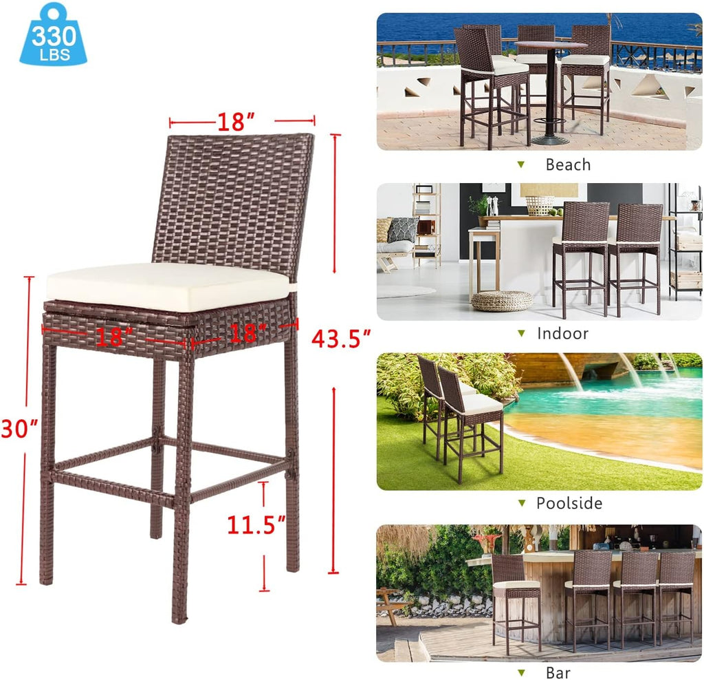 Set of 2 Beige Wicker Outdoor Bar Stools with Cushions