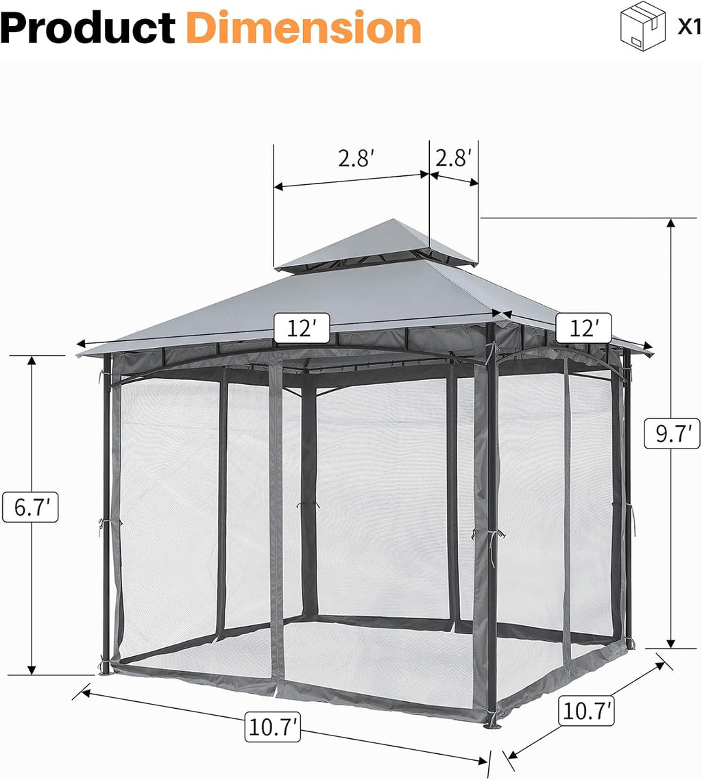 Steel Gray Metal Outdoor Gazebo with Netting