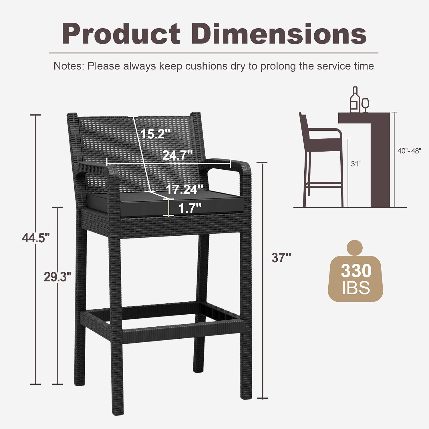 Set of 4 Black Wicker Outdoor Bar Stools with Cushions
