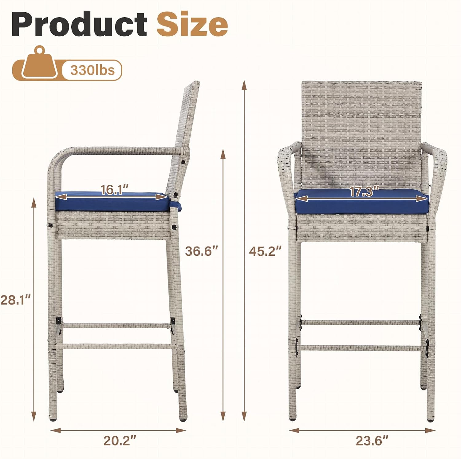 Grey Blue Wicker Outdoor Bar Stools with Armrest & Cushion