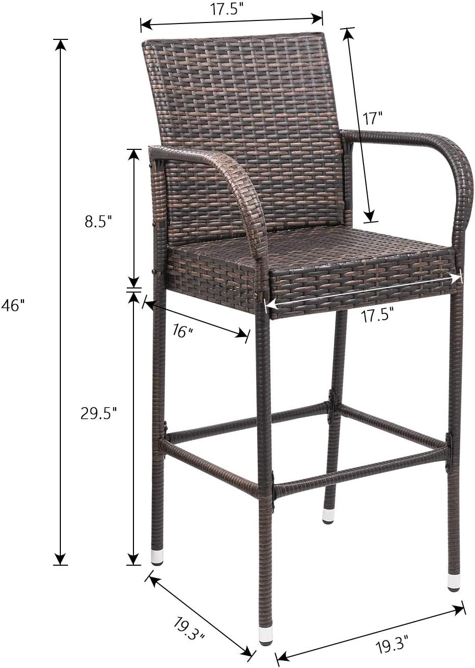 Set of 2 Brown Wicker Outdoor Bar Stools with Armrest