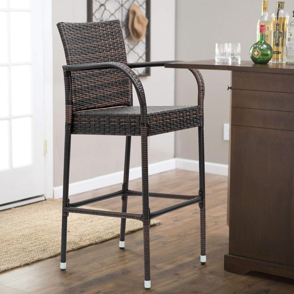 Set of 2 Brown Wicker Outdoor Bar Stools with Armrest