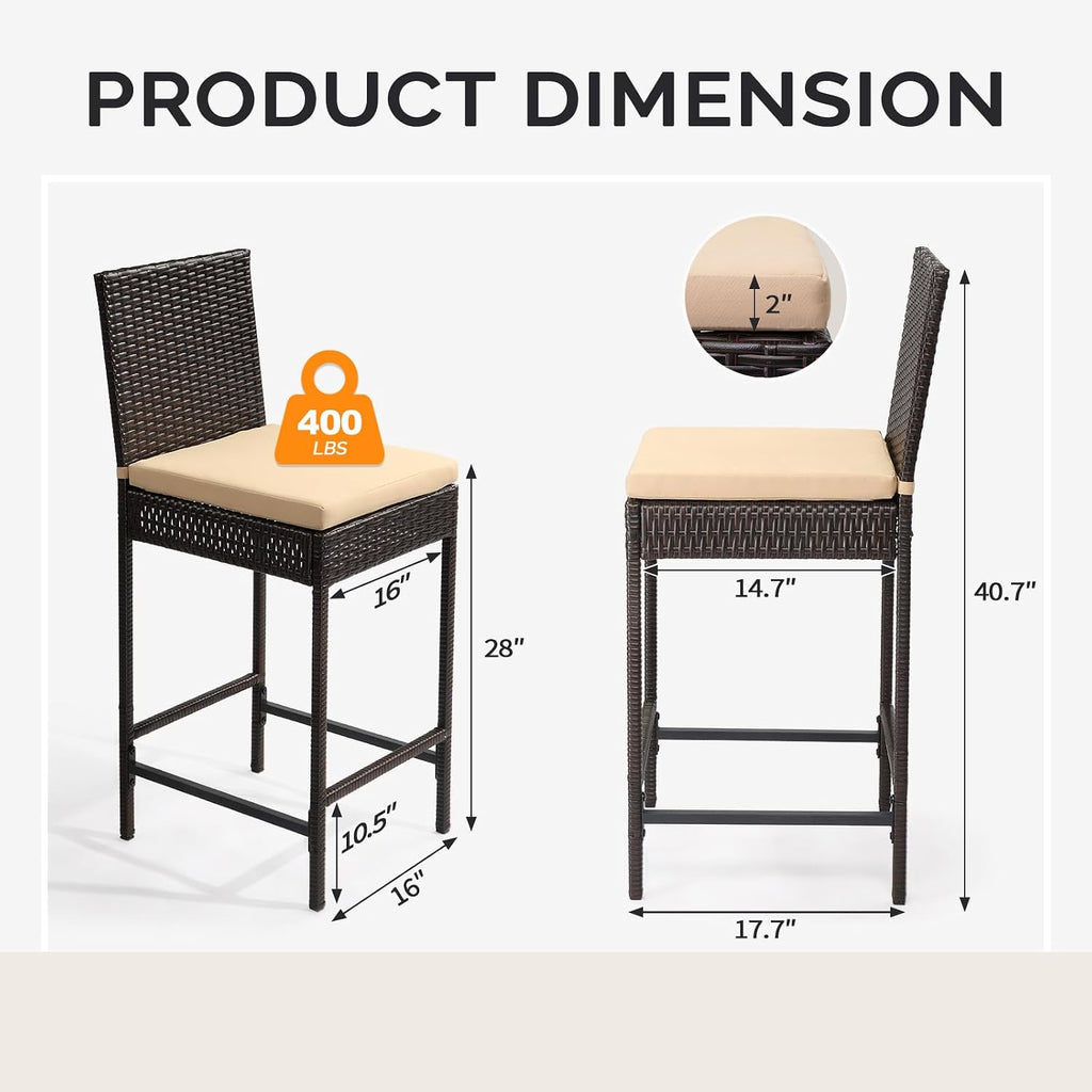 Set of 2 Brown Wicker Outdoor Bar Stools with Cushion