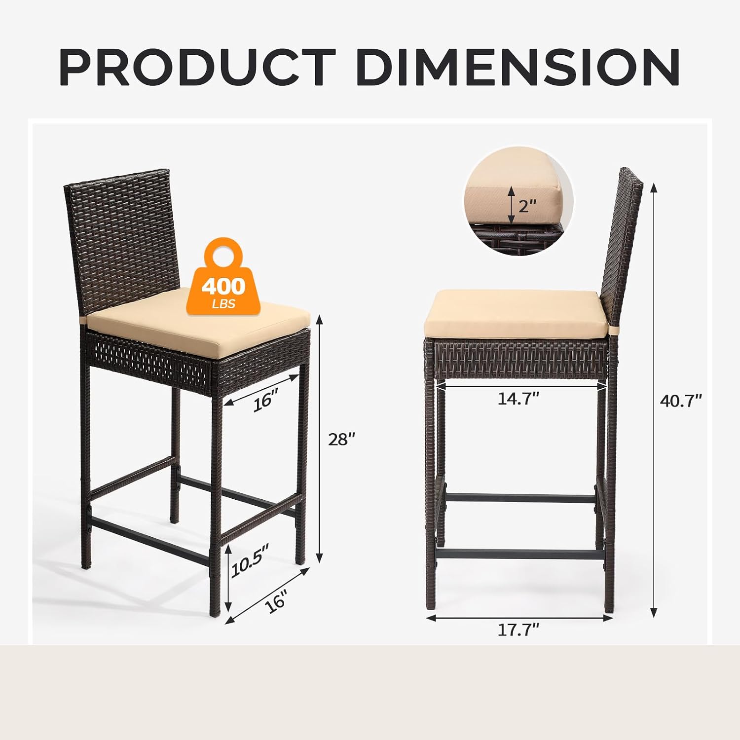Set of 2 Brown Wicker Outdoor Bar Stools with Cushion