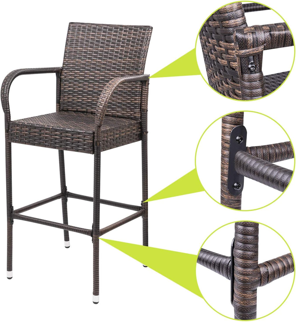 Set of 2 Brown Wicker Outdoor Bar Stools with Armrest
