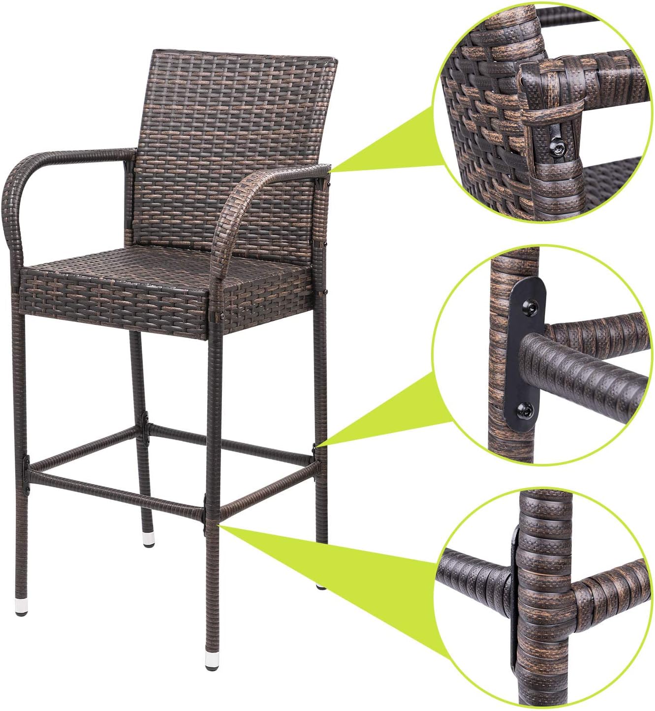 Set of 2 Brown Wicker Outdoor Bar Stools with Armrest