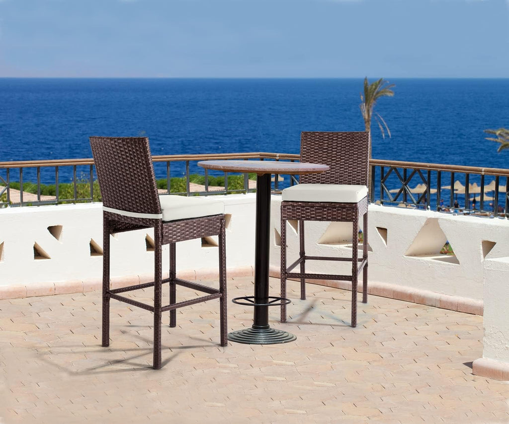 Set of 2 Beige Wicker Outdoor Bar Stools with Cushions