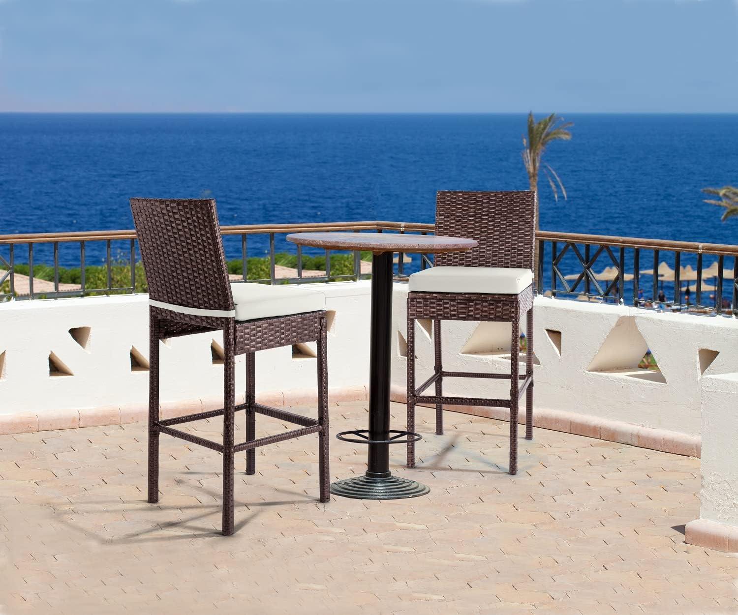 Set of 2 Beige Wicker Outdoor Bar Stools with Cushions
