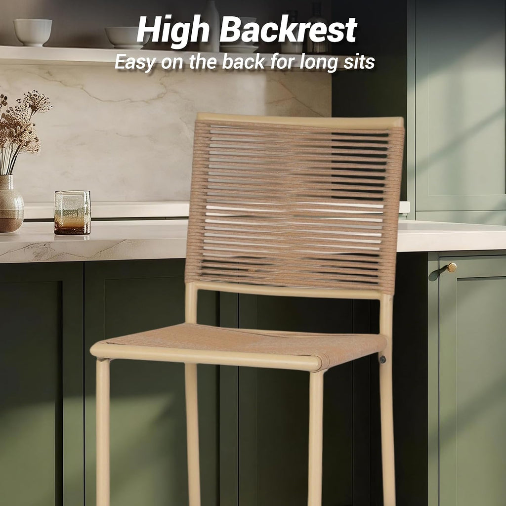 Set of 4 Yellow Wicker Outdoor Bar Stools with High Backrest