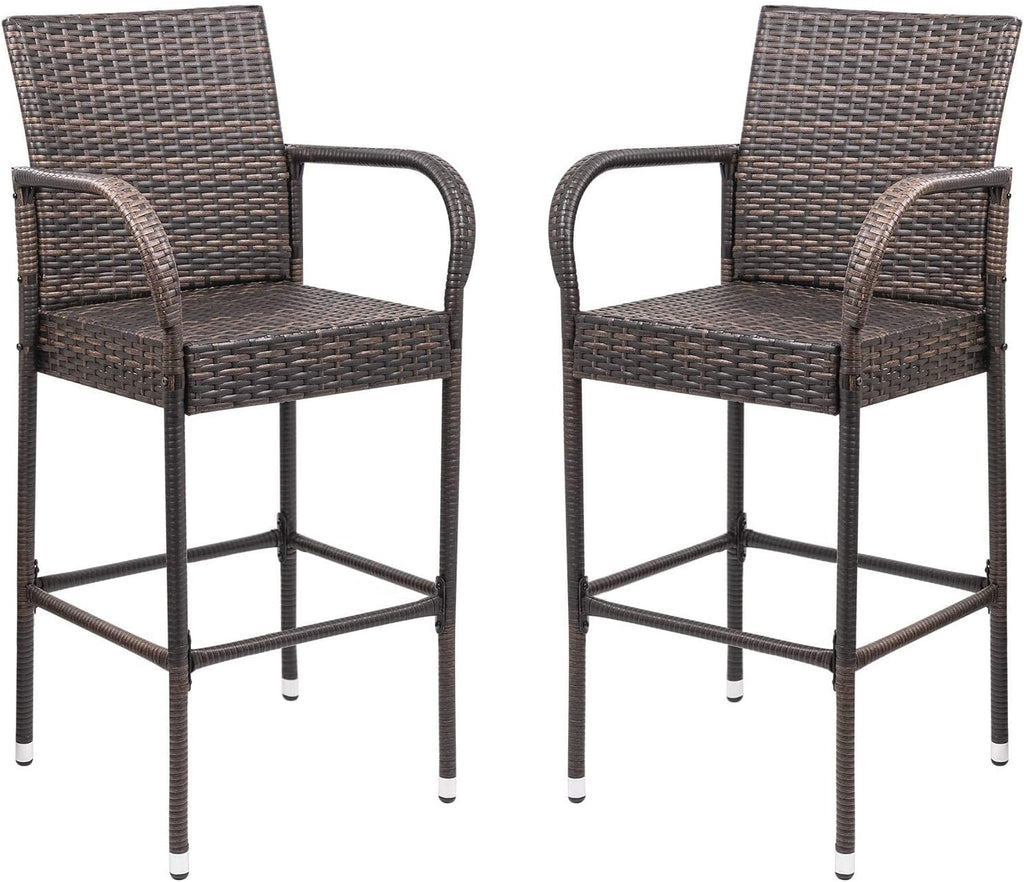 Set of 2 Brown Wicker Outdoor Bar Stools with Armrest