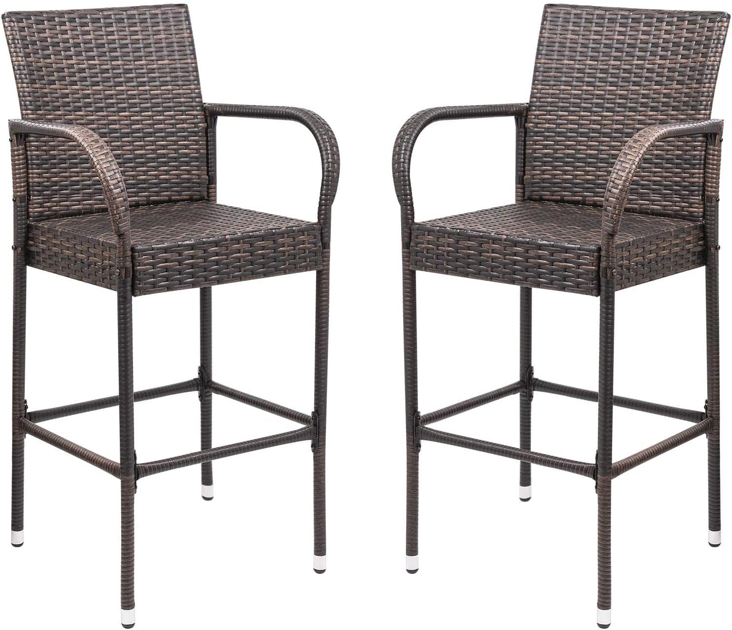 Set of 2 Brown Wicker Outdoor Bar Stools with Armrest