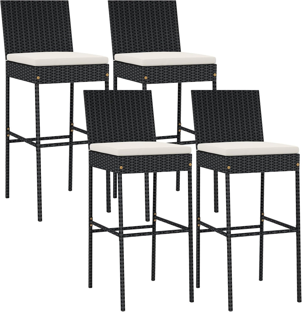 Set of 4 Black Wicker Outdoor Bar Stools with Cushions