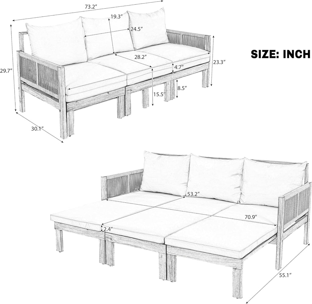 Acacia Wood Convertible Outdoor Daybed with Waterproof Cushions