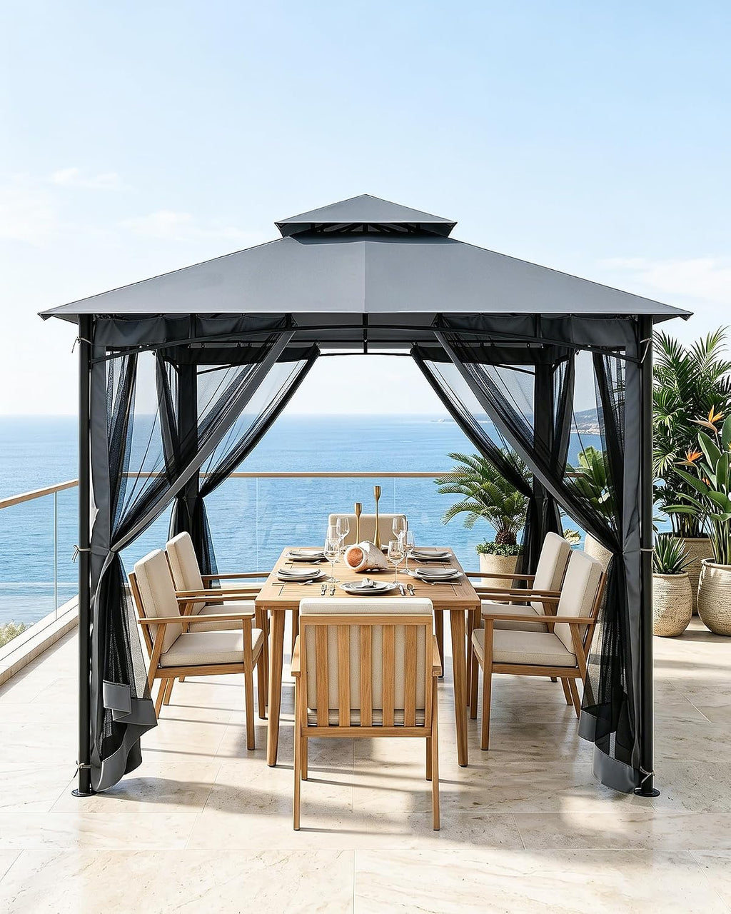 Steel Gray Metal Outdoor Gazebo with Netting