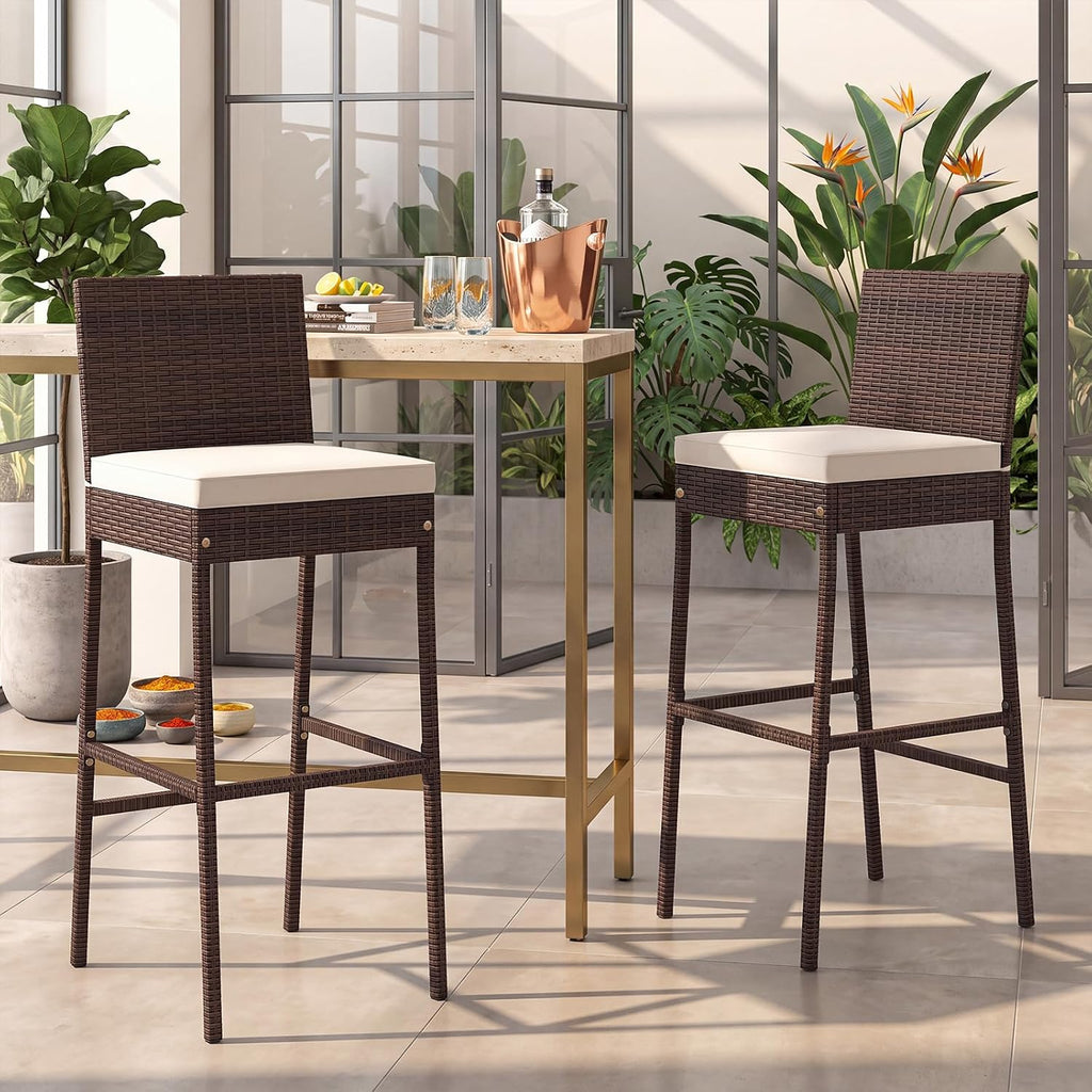 Set of 4 Wicker Outdoor Bar Stools with Cushions
