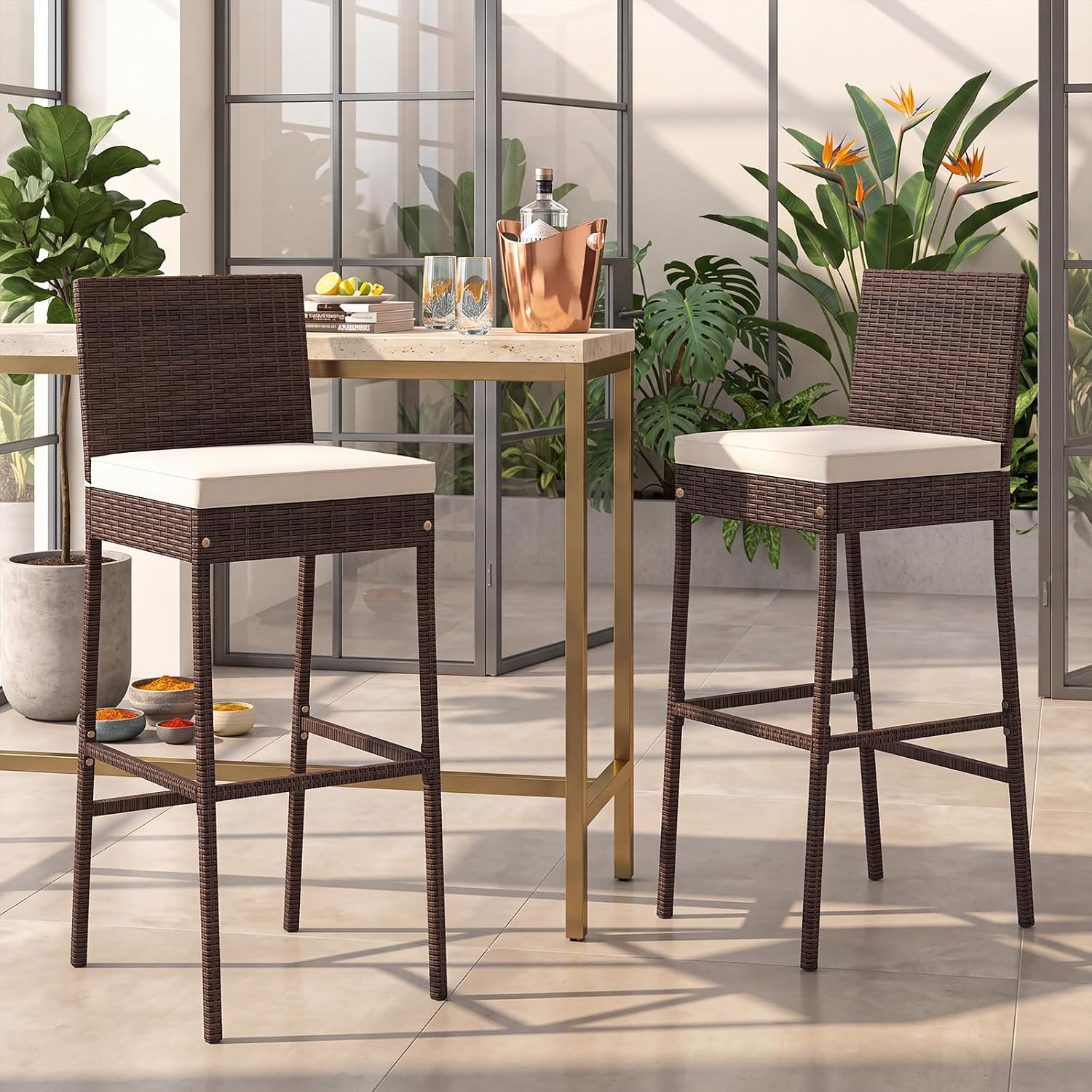 Set of 4 Wicker Outdoor Bar Stools with Cushions